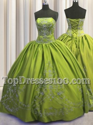 Popular Floor Length Lace Up Sweet 16 Dress Olive Green and In for Military Ball and Sweet 16 and Quinceanera with Beading and Embroidery