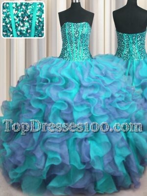 Enchanting Visible Boning Beaded Bodice Multi-color Ball Gowns Organza Strapless Sleeveless Beading and Ruffles Floor Length Lace Up 15 Quinceanera Dress