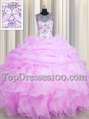 See Through Pick Ups Scoop Sleeveless Lace Up Quinceanera Dresses Lilac Organza