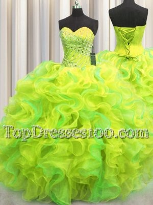 Visible Boning Beaded Bodice Yellow Sleeveless Floor Length Beading and Ruffles Lace Up Quince Ball Gowns