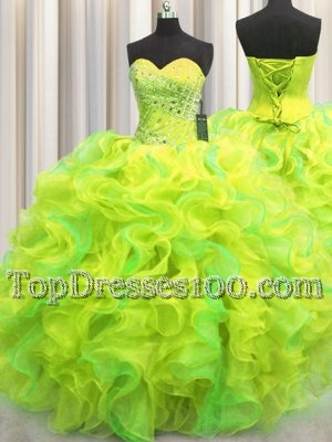 Stunning Visible Boning Sleeveless Tulle Floor Length Lace Up Sweet 16 Dresses in Fuchsia for with Beading and Ruffles and Sequins