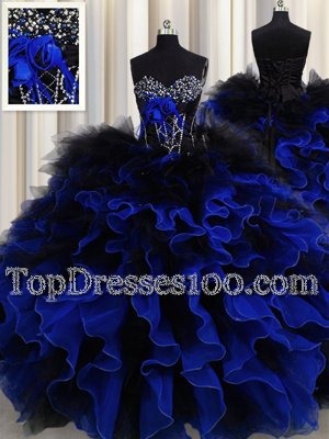 Sweetheart Sleeveless Quinceanera Gown Floor Length Beading and Ruffles Blue And Black Organza and Tulle