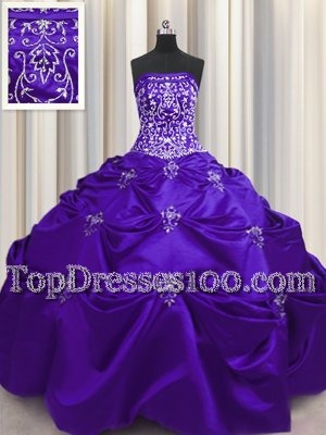 Embroidery Purple Sleeveless Taffeta Lace Up 15 Quinceanera Dress for Military Ball and Sweet 16 and Quinceanera