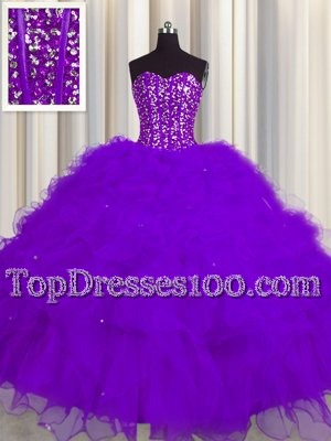Bling-bling Visible Boning Multi-color Lace Up Quinceanera Dresses Beading and Ruffles and Ruffled Layers and Sequins Sleeveless Floor Length