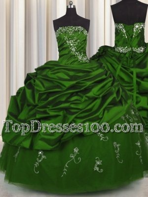 Ideal Embroidery Floor Length Lace Up Quinceanera Gowns Green and In for Military Ball and Sweet 16 and Quinceanera with Beading and Appliques and Pick Ups