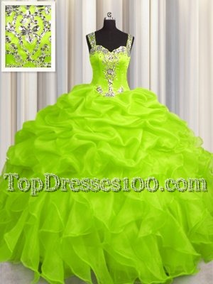 Delicate See Through Zipper Up Organza Zipper Straps Sleeveless Floor Length Quinceanera Gown Appliques and Ruffles