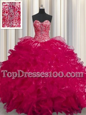 Comfortable Visible Boning Bling-bling Sweetheart Sleeveless Organza Quinceanera Gown Beading and Ruffles Brush Train Lace Up