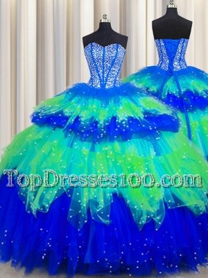 Three Piece Sleeveless Lace Up Beading and Ruffles Ball Gown Prom Dress