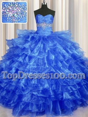 Top Selling Royal Blue Lace Up Sweetheart Beading and Ruffled Layers Vestidos de Quinceanera Organza Sleeveless