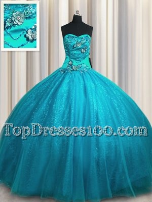 Sophisticated Sequined Floor Length Lace Up 15th Birthday Dress Teal and In with Beading and Appliques