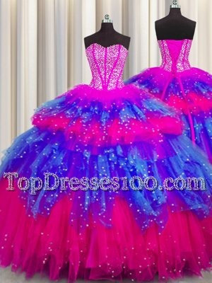 Three Piece Visible Boning Sleeveless Lace Up Floor Length Beading and Ruffles and Ruffled Layers and Sequins Quinceanera Gown