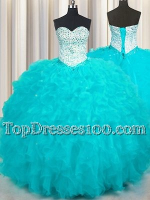Customized Aqua Blue Sweetheart Neckline Beading and Ruffles Quince Ball Gowns Sleeveless Lace Up