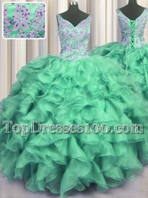New Arrival Turquoise Ball Gowns V-neck Sleeveless Organza Floor Length Lace Up Beading and Ruffles Vestidos de Quinceanera