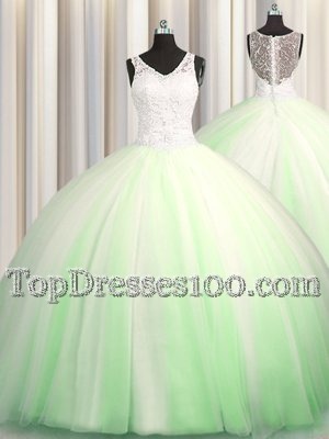 See Through Zipple Up Zipper V-neck Beading and Appliques Ball Gown Prom Dress Tulle Sleeveless Brush Train