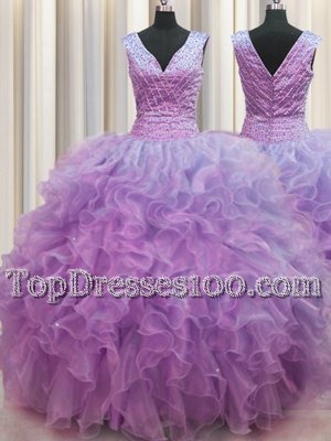 Lovely Zipper Up Lilac Zipper V-neck Ruffles Quinceanera Gowns Organza Sleeveless