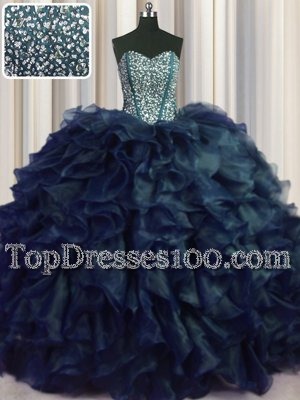 Flare Visible Boning Bling-bling Organza Sleeveless With Train Vestidos de Quinceanera Brush Train and Beading and Ruffles