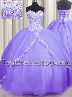 With Train Lavender Sweet 16 Dresses Organza Brush Train Sleeveless Beading and Appliques
