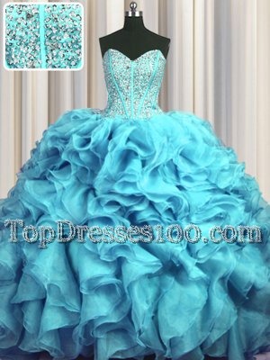 Zipper Up See Through Back Royal Blue Zipper Quince Ball Gowns Beading and Ruffles Sleeveless With Train Sweep Train