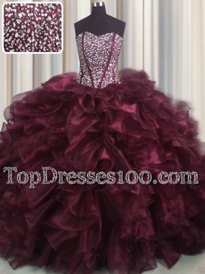 Visible Boning Bling-bling Sweetheart Sleeveless Organza Sweet 16 Dresses Beading and Ruffles Brush Train Lace Up
