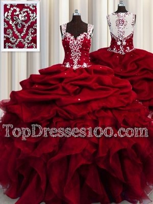 See Through Wine Red Organza Zipper Straps Sleeveless Floor Length Quinceanera Gown Beading and Ruffles and Sequins