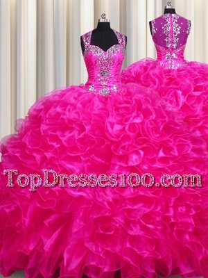 Attractive Zipper Up See Through Back Organza Straps Sleeveless Sweep Train Zipper Beading and Ruffles Quinceanera Gown in Fuchsia
