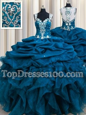 Zipple Up See Through Back Teal Quinceanera Dresses Military Ball and Sweet 16 and Quinceanera and For with Beading and Ruffles and Sequins and Pick Ups Straps Sleeveless Zipper