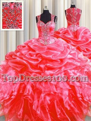 Lovely Pick Ups Zipper Up See Through Back Coral Red Straps Neckline Beading and Ruffles Sweet 16 Dresses Sleeveless Zipper