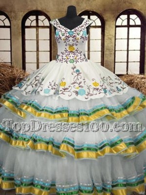New Arrival Multi-color Organza Lace Up Quinceanera Dress Sleeveless Floor Length Embroidery and Ruffled Layers