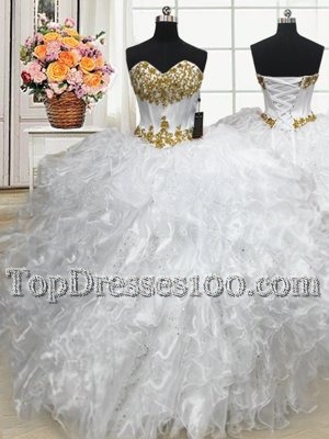 Glittering Beading and Ruffles Vestidos de Quinceanera White Lace Up Sleeveless Floor Length