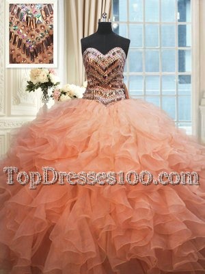 Cheap Beaded Bodice Floor Length Peach Sweet 16 Dress Sweetheart Sleeveless Lace Up