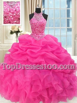 See Through Beaded Bodice Ball Gowns Quinceanera Dresses Hot Pink High-neck Organza Sleeveless Floor Length Lace Up