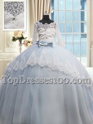Scalloped Half Sleeves Lace Up Sweet 16 Quinceanera Dress Light Blue and In for Military Ball and Sweet 16 and Quinceanera with Beading and Lace and Bowknot Brush Train