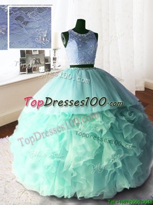 Clearance Brush Train Ball Gowns Ball Gown Prom Dress Apple Green Scoop Organza and Tulle and Lace Sleeveless With Train Zipper