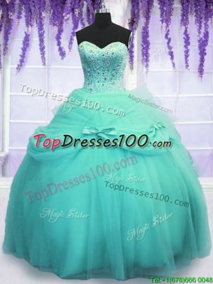 High Class Aqua Blue Quince Ball Gowns Military Ball and Sweet 16 and Quinceanera and For with Beading and Sequins and Bowknot Sweetheart Sleeveless Lace Up