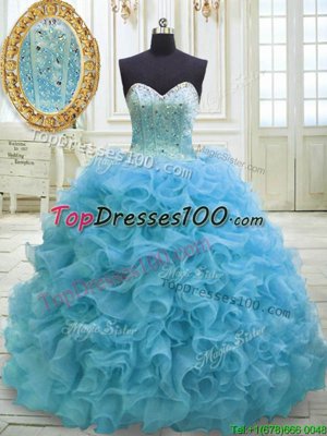 Baby Blue Organza Lace Up Sweetheart Sleeveless 15 Quinceanera Dress Sweep Train Beading and Sequins