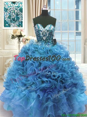 Lovely Organza Sleeveless Floor Length 15th Birthday Dress and Beading and Ruffles