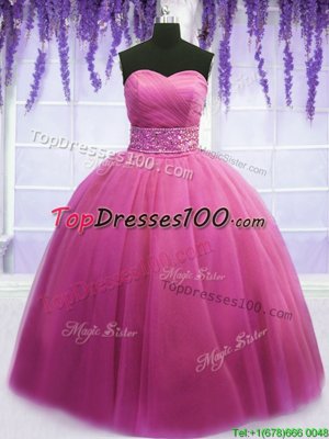 Rose Pink Sweetheart Neckline Beading and Belt 15 Quinceanera Dress Sleeveless Lace Up