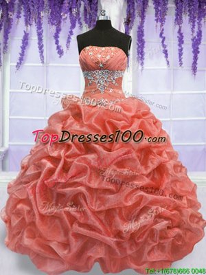 Romantic Watermelon Red and Coral Red Ball Gowns Organza Strapless Sleeveless Beading Floor Length Lace Up Vestidos de Quinceanera