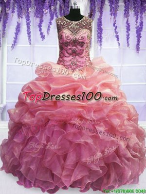 Baby Pink Organza Lace Up Scoop Sleeveless Floor Length Sweet 16 Dresses Beading and Pick Ups