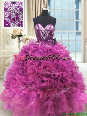 Sleeveless Lace Up Floor Length Beading and Ruffles Ball Gown Prom Dress