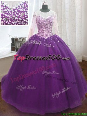 Exceptional Scoop Purple Long Sleeves Beading and Sequins Lace Up Sweet 16 Quinceanera Dress
