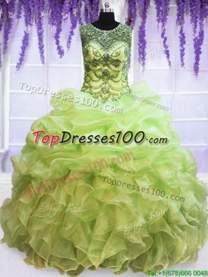 Charming Yellow Green Ball Gowns Organza Scoop Sleeveless Beading and Pick Ups Floor Length Lace Up Ball Gown Prom Dress