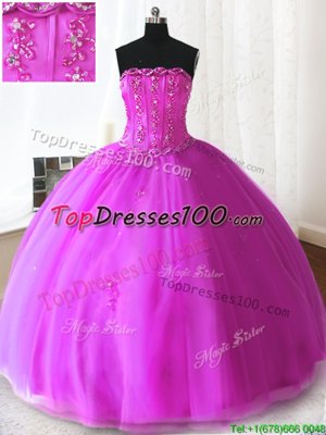 Fuchsia Lace Up Quinceanera Dresses Beading and Appliques Sleeveless Floor Length