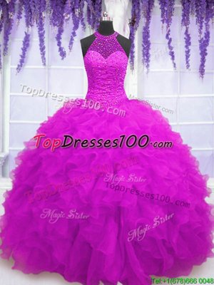 Floor Length Fuchsia Ball Gown Prom Dress High-neck Sleeveless Lace Up