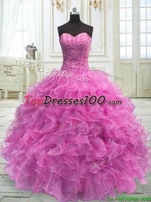 Lilac Lace Up Quinceanera Dresses Beading and Ruffles Sleeveless Floor Length