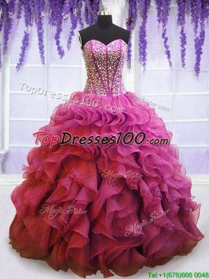 Affordable Rose Pink Ball Gowns Beading and Ruffles Sweet 16 Quinceanera Dress Lace Up Organza Sleeveless Floor Length