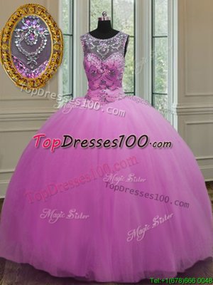 Superior Scoop Lilac Tulle Lace Up Sweet 16 Quinceanera Dress Sleeveless Floor Length Beading