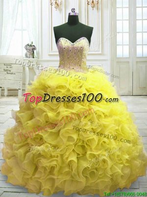 Yellow Sweetheart Neckline Beading and Ruffles Quinceanera Gowns Sleeveless Lace Up