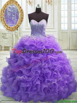 Noble Purple Lace Up Sweetheart Beading and Ruffles Quinceanera Dresses Organza Sleeveless Sweep Train