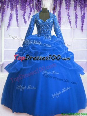 Custom Fit Sequins Pick Ups Blue Long Sleeves Organza Zipper Sweet 16 Quinceanera Dress for Military Ball and Sweet 16 and Quinceanera